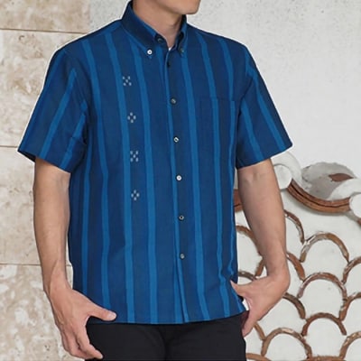 みんさー織 総手織りボタンダウンシャツ(藍ストライプ)LLサイズ AZ-76