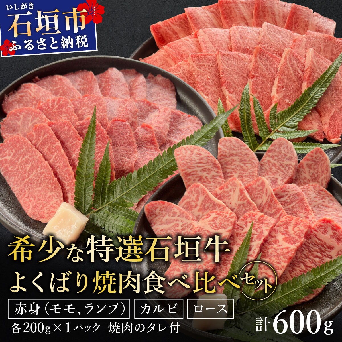 赤身(モモ、ランプ)とカルビとロースよくばり焼肉食べ比べセット合計600g 石垣牛 焼肉タレ