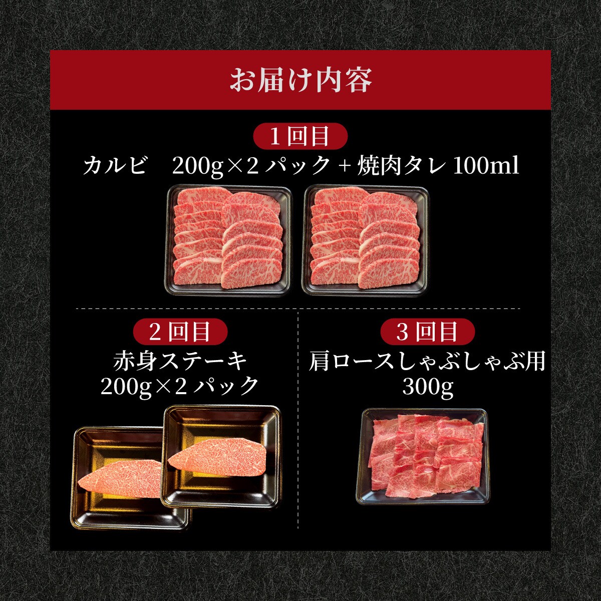 全3回合計1.1kg　カルビ、赤身ステーキ各/肩ロースしゃぶしゃぶ用/ 焼肉タレ
