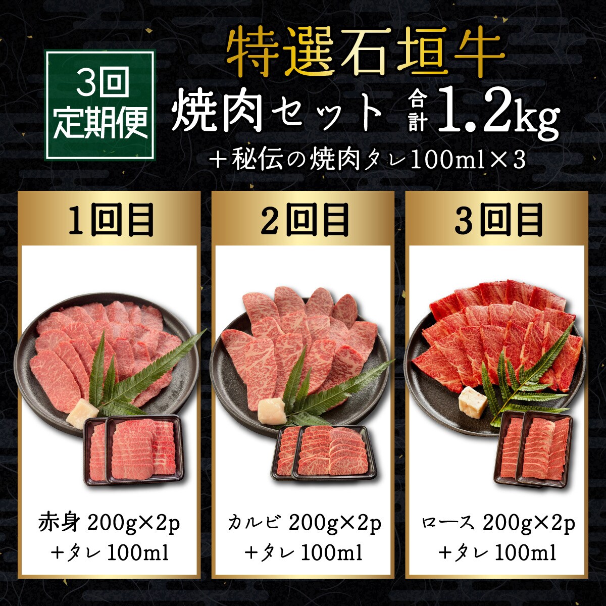 全3回合計1.2kgの焼肉セット　赤身(モモ、ランプ)、カルビ、ロース各400gずつ焼肉タレ