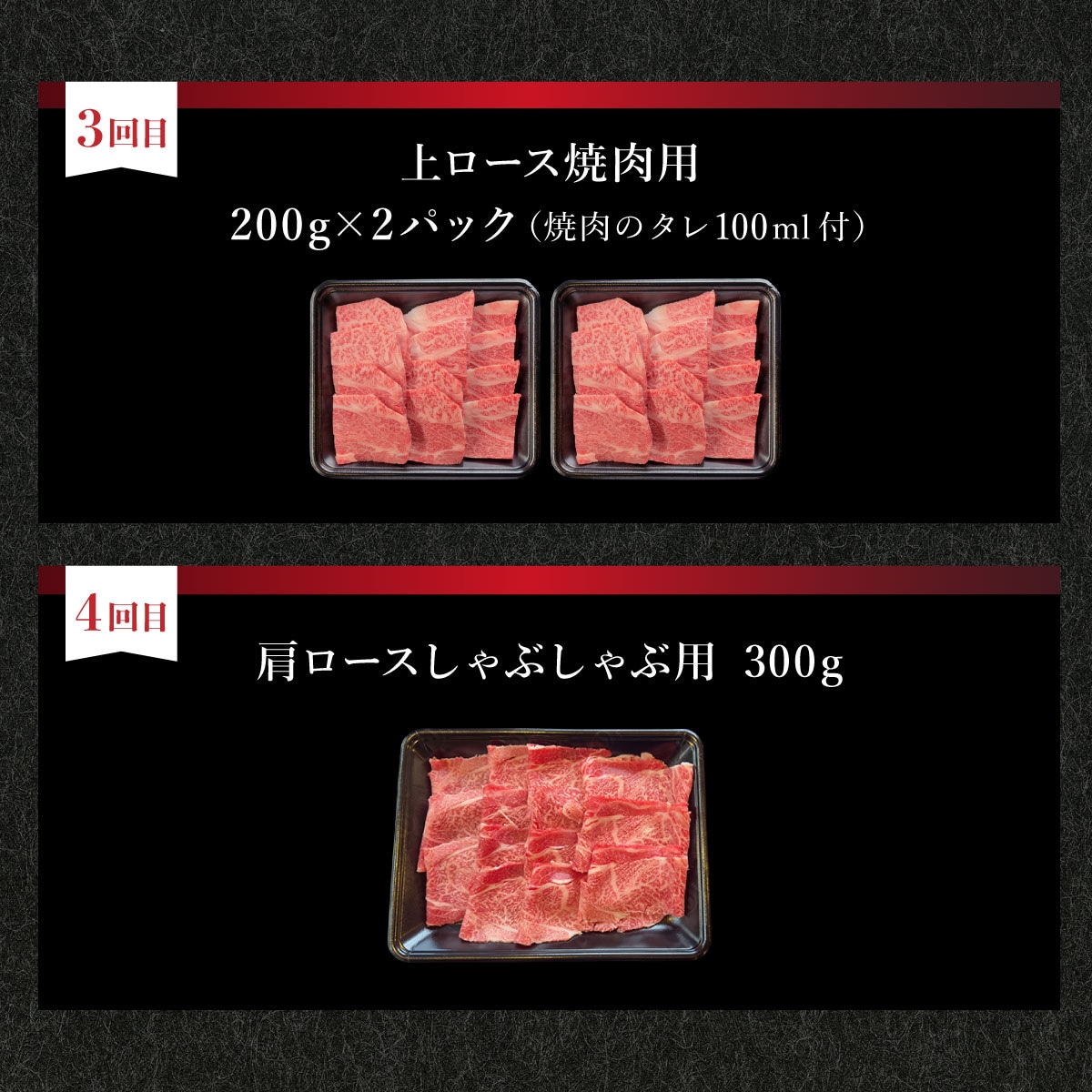 全4回合計1.5kgの焼肉セット　上赤身/上カルビ,上ロース/肩ロースしゃぶしゃぶ用 & 焼肉タレ1