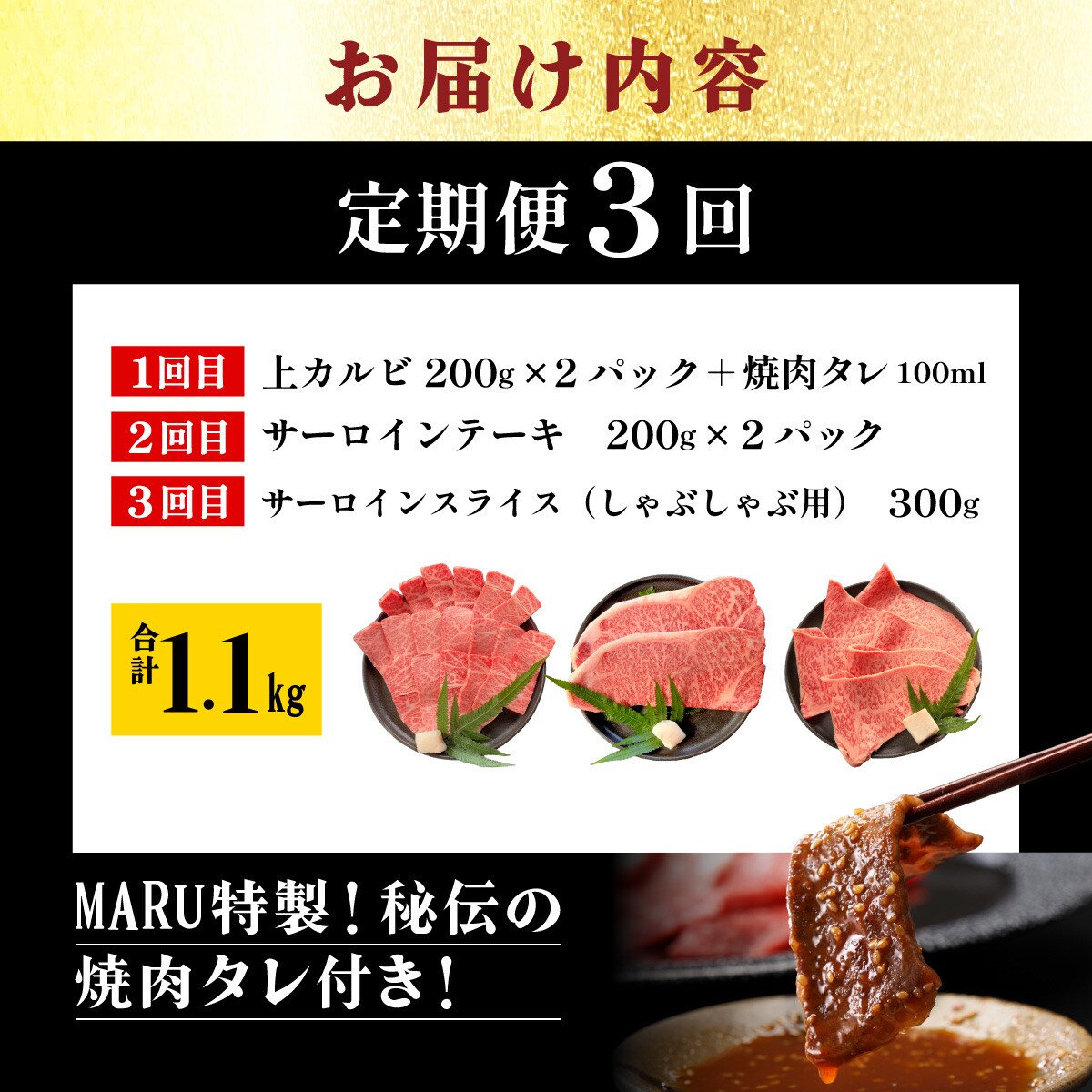 全3回合計1.1kg　上カルビ/サーロインステーキ/特選しゃぶしゃぶ/焼肉タレ