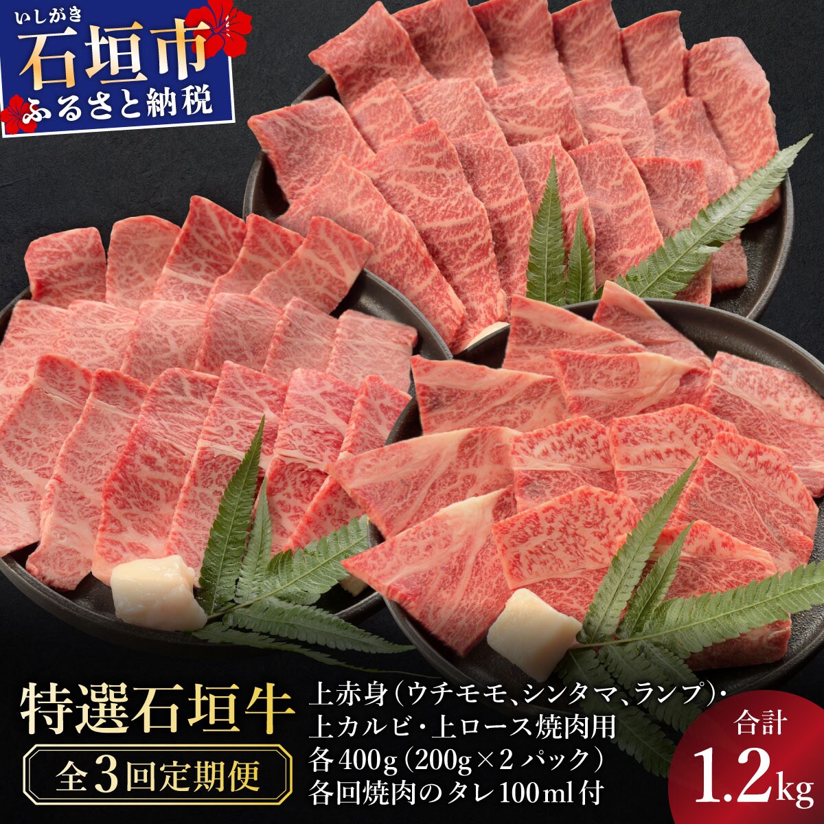全3回合計1.2kgの焼肉セット　上赤身/上カルビ/上ロース/焼肉タレ
