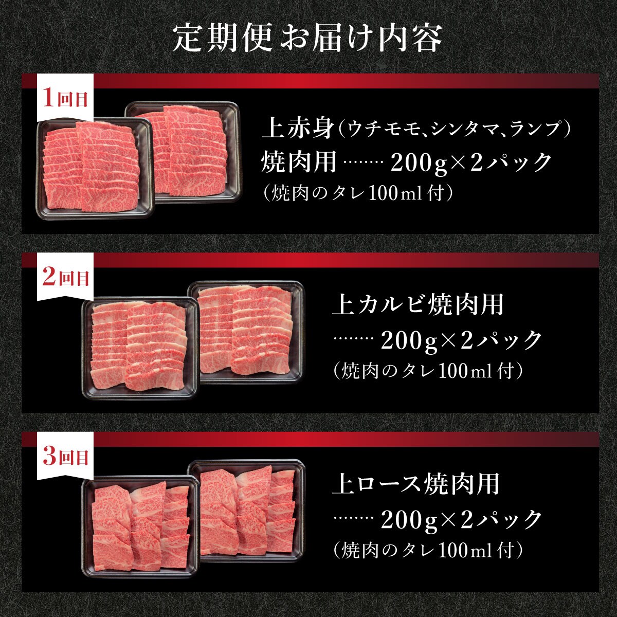 全3回合計1.2kgの焼肉セット　上赤身/上カルビ/上ロース/焼肉タレ