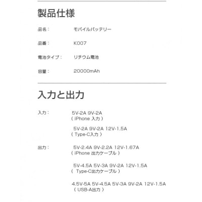 モバイルバッテリー＜ホワイト＞20000mAh 大容量 2本ケーブル内蔵