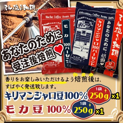 ミル挽き珈琲　モカ豆100% 1袋・キリマンジャロ豆100% 1袋セット　(250g/袋)