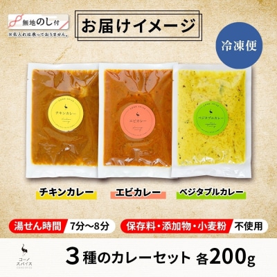 《無地熨斗》 コーノスパイス スパイスカレー 3種 セット チキン エビ ベジタブル 各200g