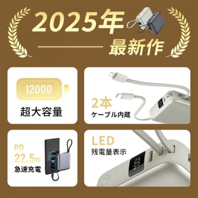 【2025年モデル】モバイルバッテリー 12000mAh 44.4Wh ＜グレー＞