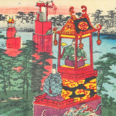 オリジナル【浮世絵ミニ風呂敷】歌川広重(二代)作「諸国名所百景 尾張津島祭禮」/名古屋刀剣博物館