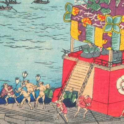 オリジナル【浮世絵ミニ風呂敷】歌川広重(二代)作「諸国名所百景 尾張津島祭禮」/名古屋刀剣博物館