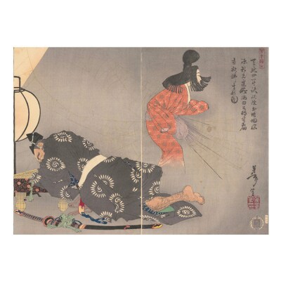 オリジナル【レプリカ浮世絵(2枚絵)月岡芳年作「天延四年秋妖怪土蜘蛛脳源頼光寝所酒田公時等宿直欲払其