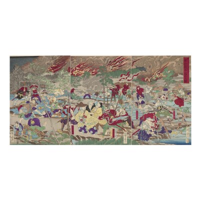 オリジナル【レプリカ浮世絵(3枚絵)河鍋暁斎作「明治元戊辰年五月十五日 東台戦争落去之図」】