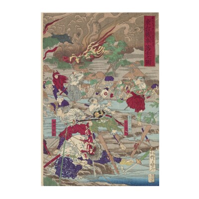 オリジナル【レプリカ浮世絵(3枚絵)河鍋暁斎作「明治元戊辰年五月十五日 東台戦争落去之図」】