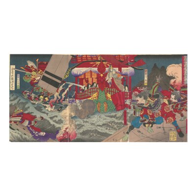 オリジナル【レプリカ浮世絵(3枚絵)月岡芳年作「源平矢嶋大合戦之図」】/名古屋刀剣博物館