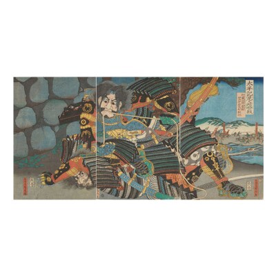 オリジナル【レプリカ浮世絵(3枚絵)歌川貞秀作「太平記尼ヶ崎合戦 加藤清正勇猛四方手左司馬組討」】