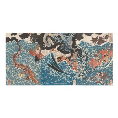 オリジナル【レプリカ浮世絵(3枚絵)歌川国芳作「肥後国水俣の海上にて為朝難風に遇う」】