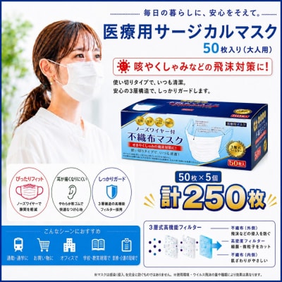 不織マスク50枚大人用(サージカルマスク)5個
