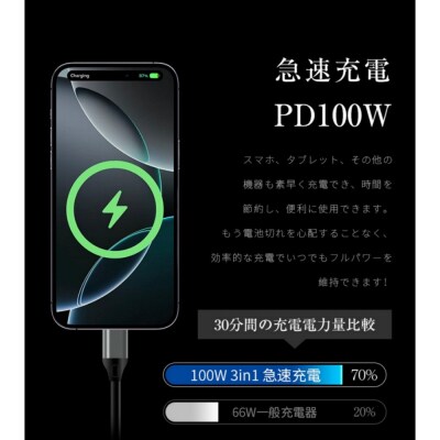 【パープル】★同色2個セット★【2026年新モデル&PD 100W】 3in1 充電ケーブル