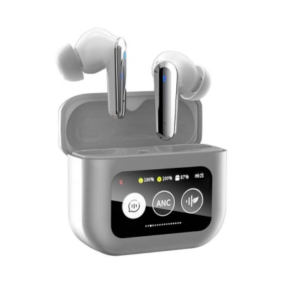 【シルバー】ANC対応・液晶付きイヤホン カナル型 ワイヤレスイヤホン Bluetooth5.4