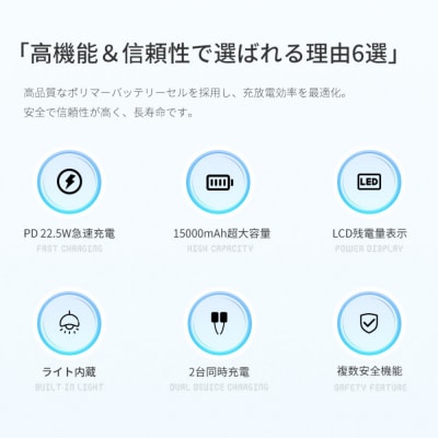 【ブラック】モバイルバッテリー 15000mAh 55.5Wh  LED ライト付き 