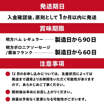 明方ハムCセット 明方ハム レギュラー4本・明方ボロニアソーセージ 2本・醤油フランク 5本入×2袋