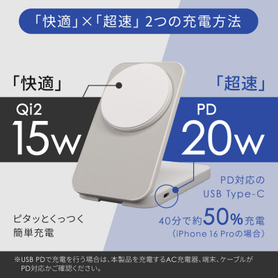 5000mAh最大PD20W折りたたみ式マグネット式ワイヤレス充電対応 モバイルバッテリー ネイビー