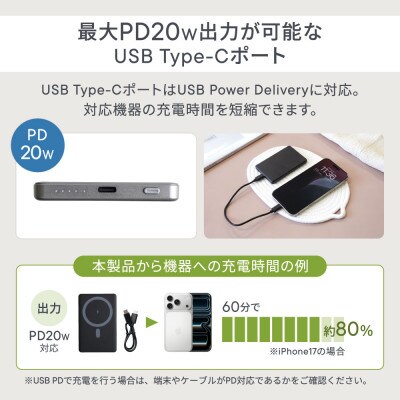 5000mAh 最大PD20W出力 マグネット式ワイヤレス充電対応 モバイルバッテリー ブラック
