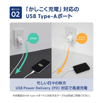 Type-Cケーブル付属 最大PD20W Type-C×1 TypeA×1 AC充電器 ホワイト