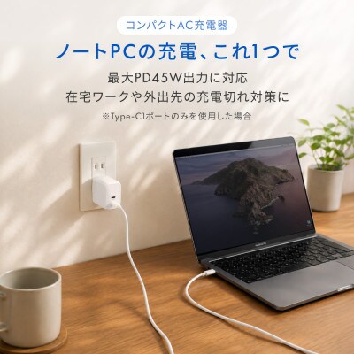 USB Type-Cケーブル付属 最大PD45W出力 USB Type-C×2 AC充電器 ホワイト