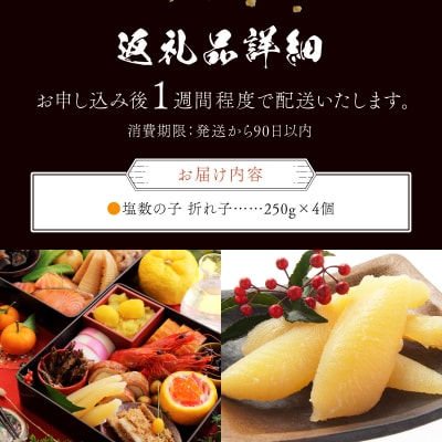 【訳あり】塩数の子 折れ子 250g×4 【順次発送】