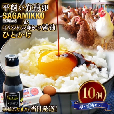 平飼い有精卵「さがみっこ」10個+オリジナル卵かけ醤油「ひとかけ」1本　※離島への配送不可
