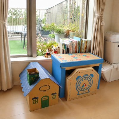 成長に合わせて使える段ボール家具　ジュニアデスクチェア&おうち型収納ボックス◇【青色セット】
