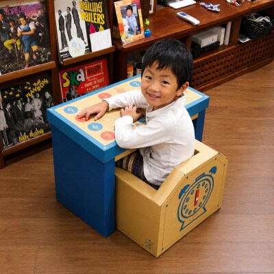 成長に合わせて使える段ボール家具　ジュニアデスクチェア&おうち型収納ボックス◇【青色セット】