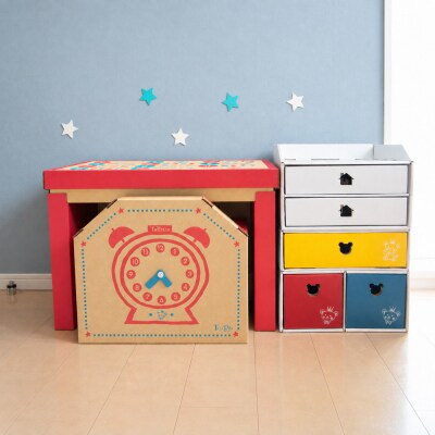 子供用ダンボール家具　ジュニアデスクチェア&お片づけボックス&1個・2個引き出しセット◇【赤】