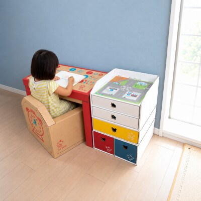 子供用ダンボール家具　ジュニアデスクチェア&お片づけボックス&1個・2個引き出しセット◇【赤】