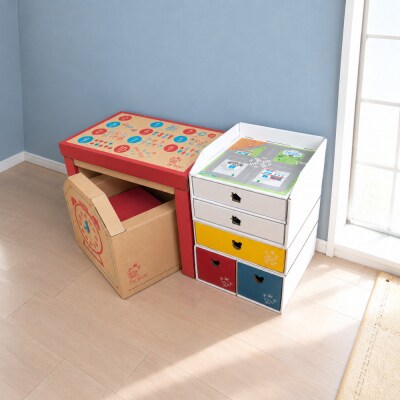 子供用ダンボール家具　ジュニアデスクチェア&お片づけボックス&1個・2個引き出しセット◇【赤】
