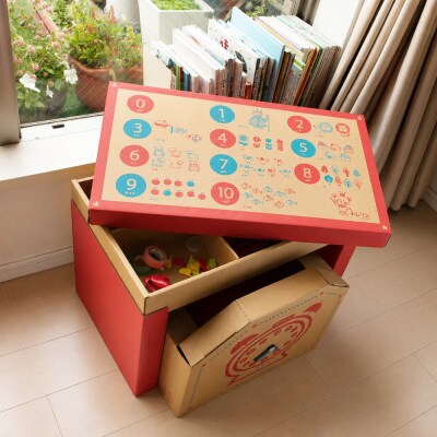 子供用ダンボール家具　ジュニアデスクチェア&お片づけボックス&1個・2個引き出しセット◇【赤】
