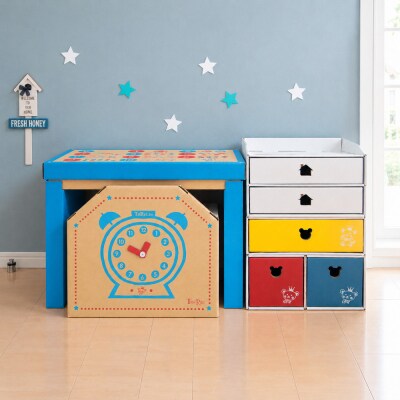 子供用ダンボール家具　ジュニアデスクチェア&お片づけボックス&1個・2個引き出しセット◇【青】