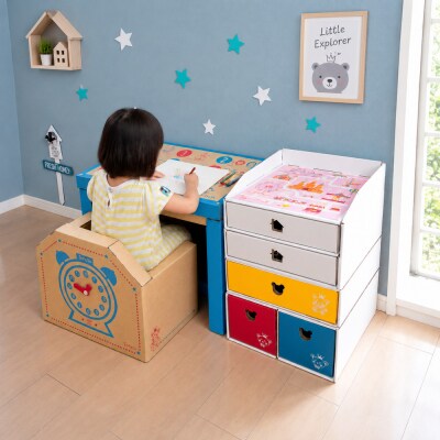 子供用ダンボール家具　ジュニアデスクチェア&お片づけボックス&1個・2個引き出しセット◇【青】
