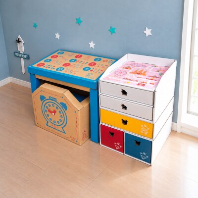子供用ダンボール家具　ジュニアデスクチェア&お片づけボックス&1個・2個引き出しセット◇【青】