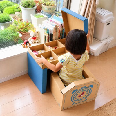 子供用ダンボール家具　ジュニアデスクチェア&お片づけボックス&1個・2個引き出しセット◇【青】