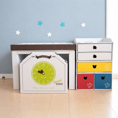 子供用ダンボール家具　ジュニアデスクチェア&お片づけボックス&1個・2個引き出しセット◇【白】
