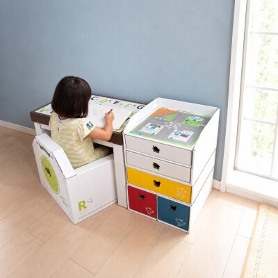 子供用ダンボール家具　ジュニアデスクチェア&お片づけボックス&1個・2個引き出しセット◇【白】