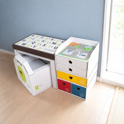 子供用ダンボール家具　ジュニアデスクチェア&お片づけボックス&1個・2個引き出しセット◇【白】