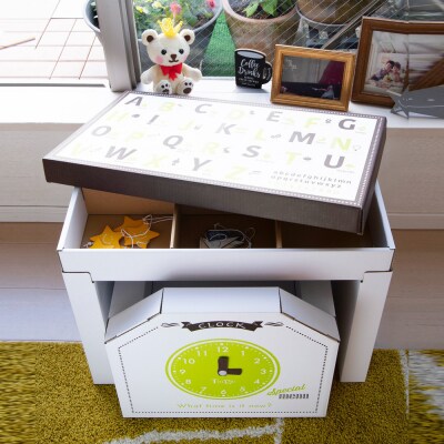 子供用ダンボール家具　ジュニアデスクチェア&お片づけボックス&1個・2個引き出しセット◇【白】