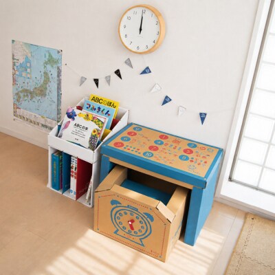 子供用ダンボール家具ジュニアデスクチェア&絵本ラック&本棚セット【青】