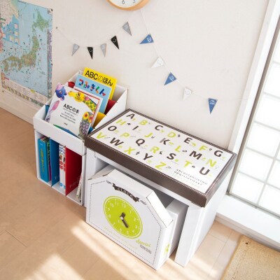 子供用ダンボール家具ジュニアデスクチェア&絵本ラック&本棚セット【白】
