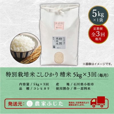 コシヒカリ 定期便 5kg×3回 令和7年産 新米 特別栽培米こしひかり 【農家ふじた】