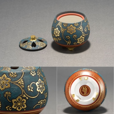 九谷焼「香炉 盛金宝相華唐草文青粒」 仲田錦玉  