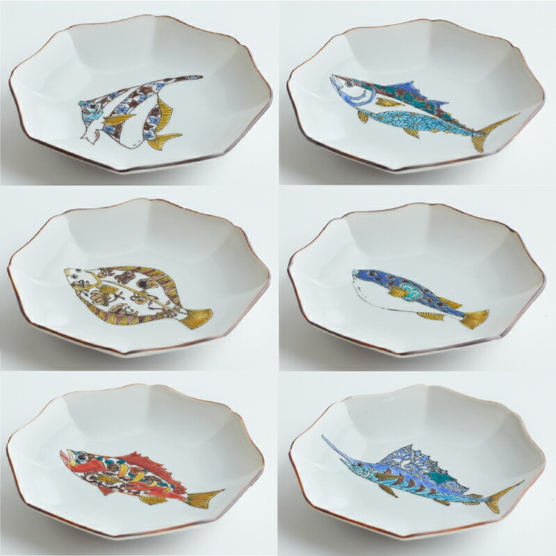 九谷焼「 色絵魚図 小皿揃 」 北村和義